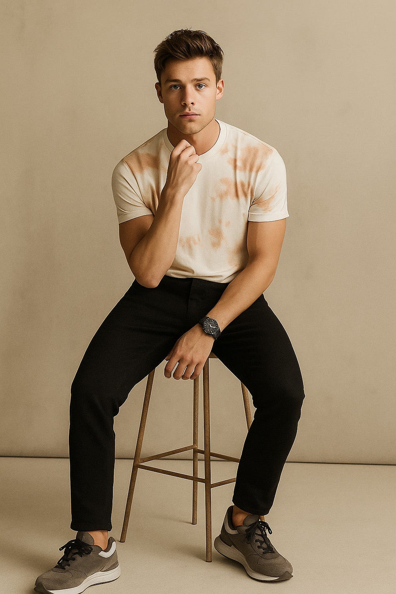 Tie And Dye Short Sleeve Crew Neck T-shirt-Beige
