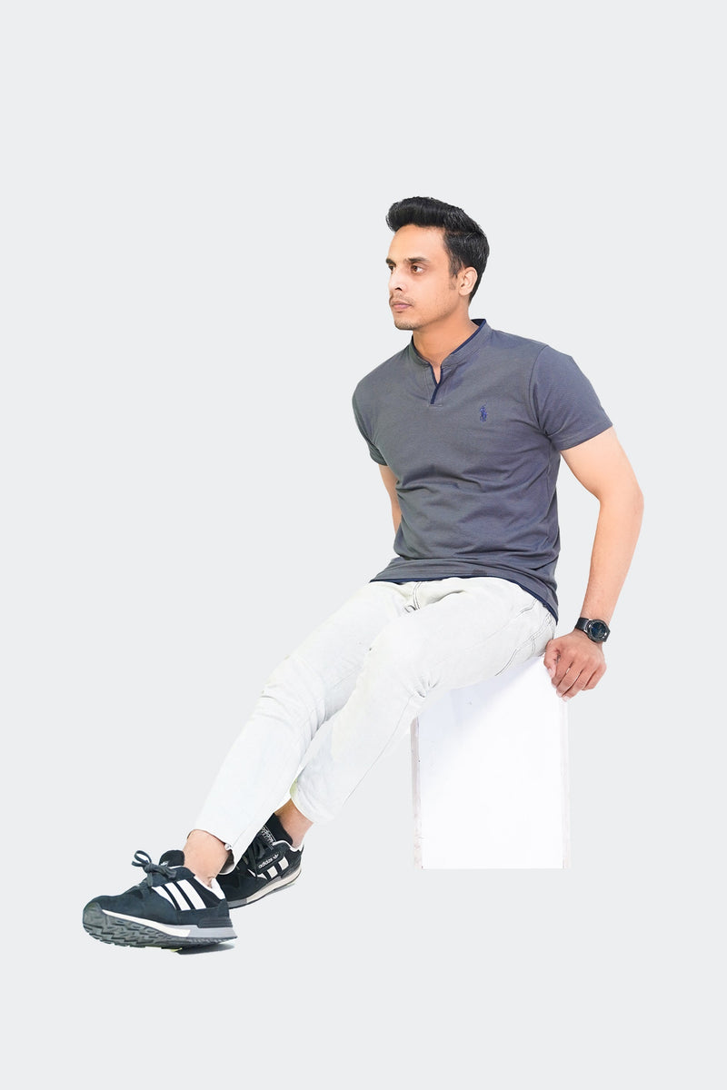 Ban Collar Short Sleeve Polo Shirt-H-Grey