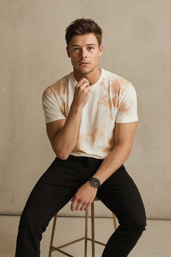 Tie And Dye Short Sleeve Crew Neck T-shirt-Beige