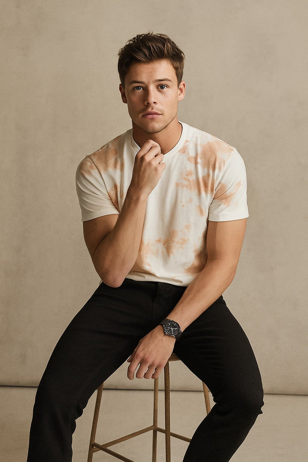Tie And Dye Short Sleeve Crew Neck T-shirt-Beige