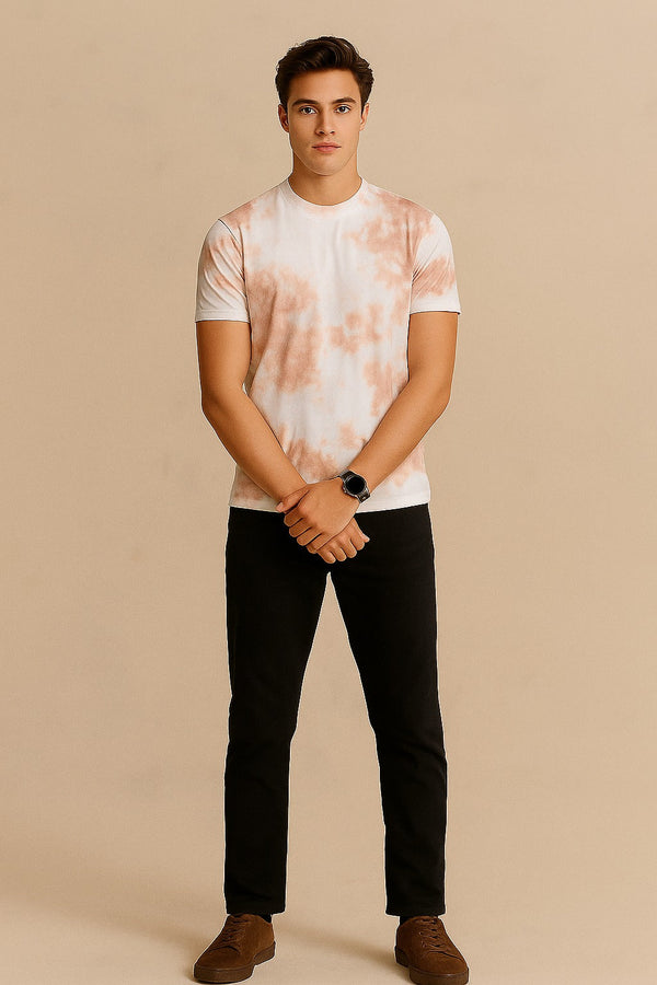 Tie And Dye Short Sleeve Crew Neck T-shirt-Beige