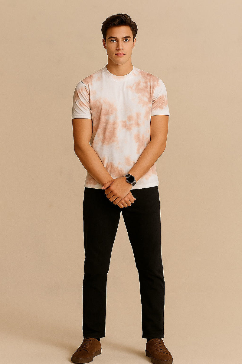 Tie And Dye Short Sleeve Crew Neck T-shirt-Beige
