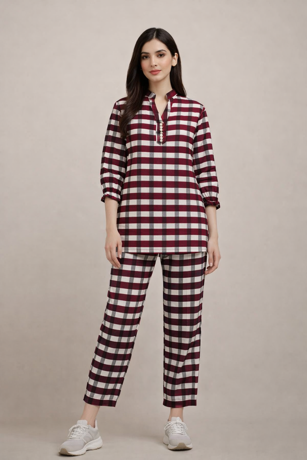 Maroon Ivory Check Cotton Co-Ord Set