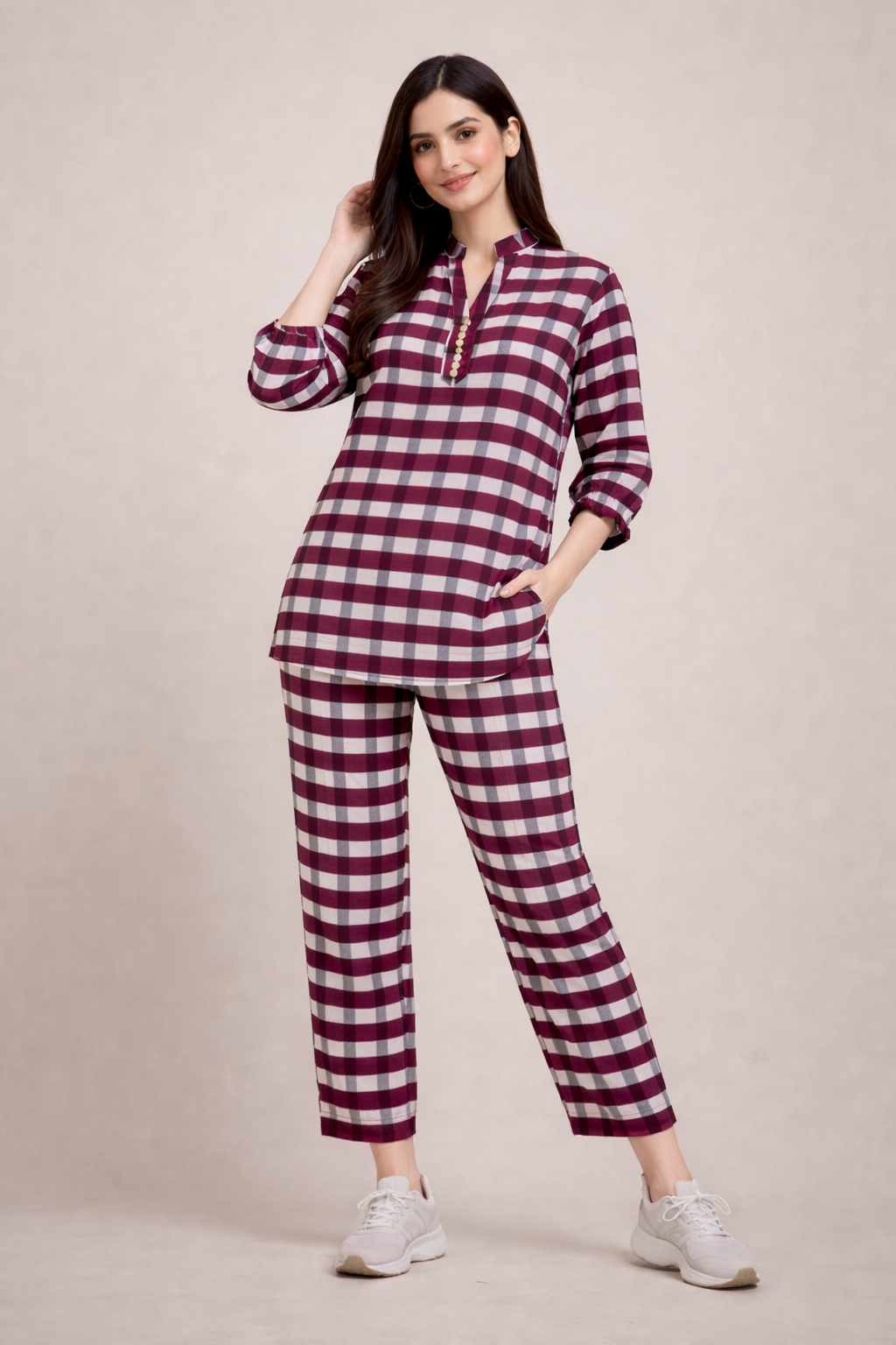 Maroon Ivory Check Cotton Co-Ord Set