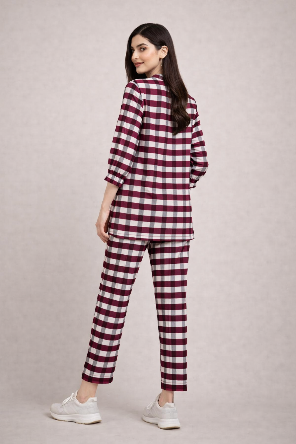 Maroon Ivory Check Cotton Co-Ord Set