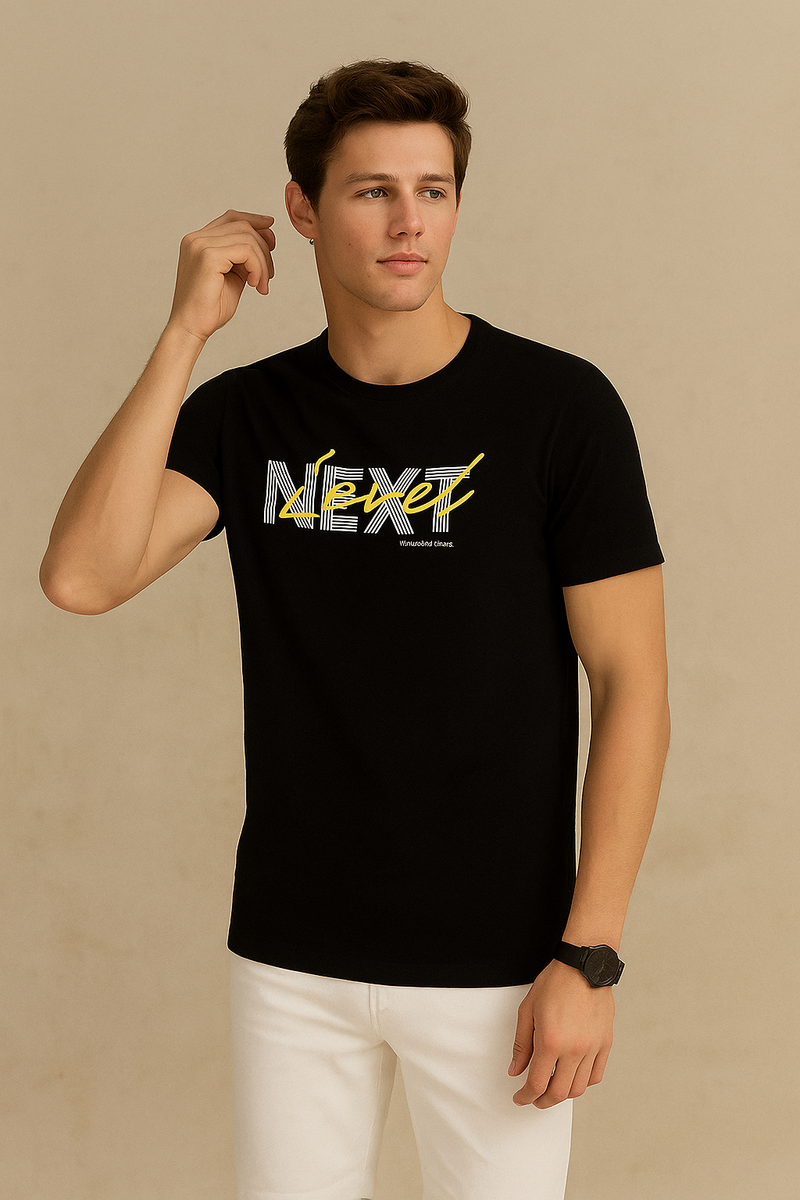Half Sleeve Nėxt Printed T Shirt-Black