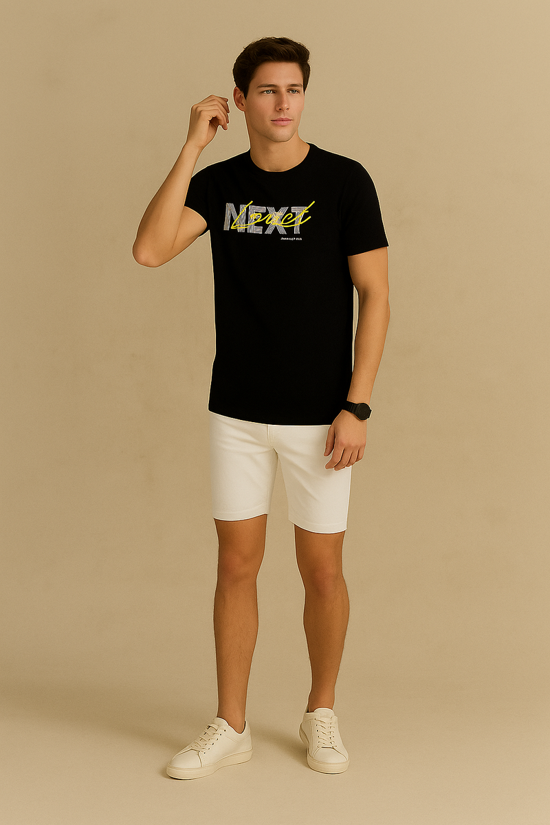 Half Sleeve Nėxt Printed T Shirt-Black