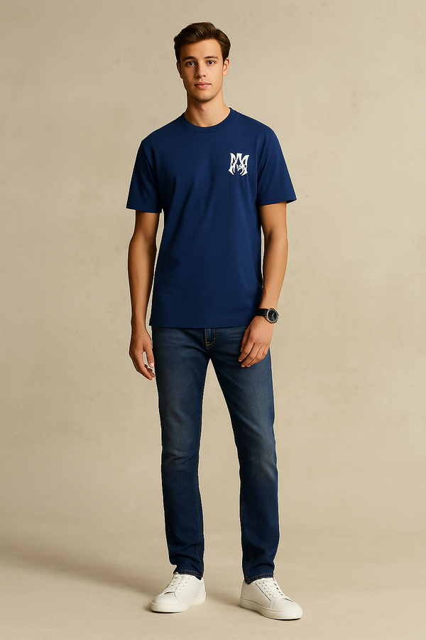 Aurora Logo-Print Cotton T-Shirt – White - Navy Blue