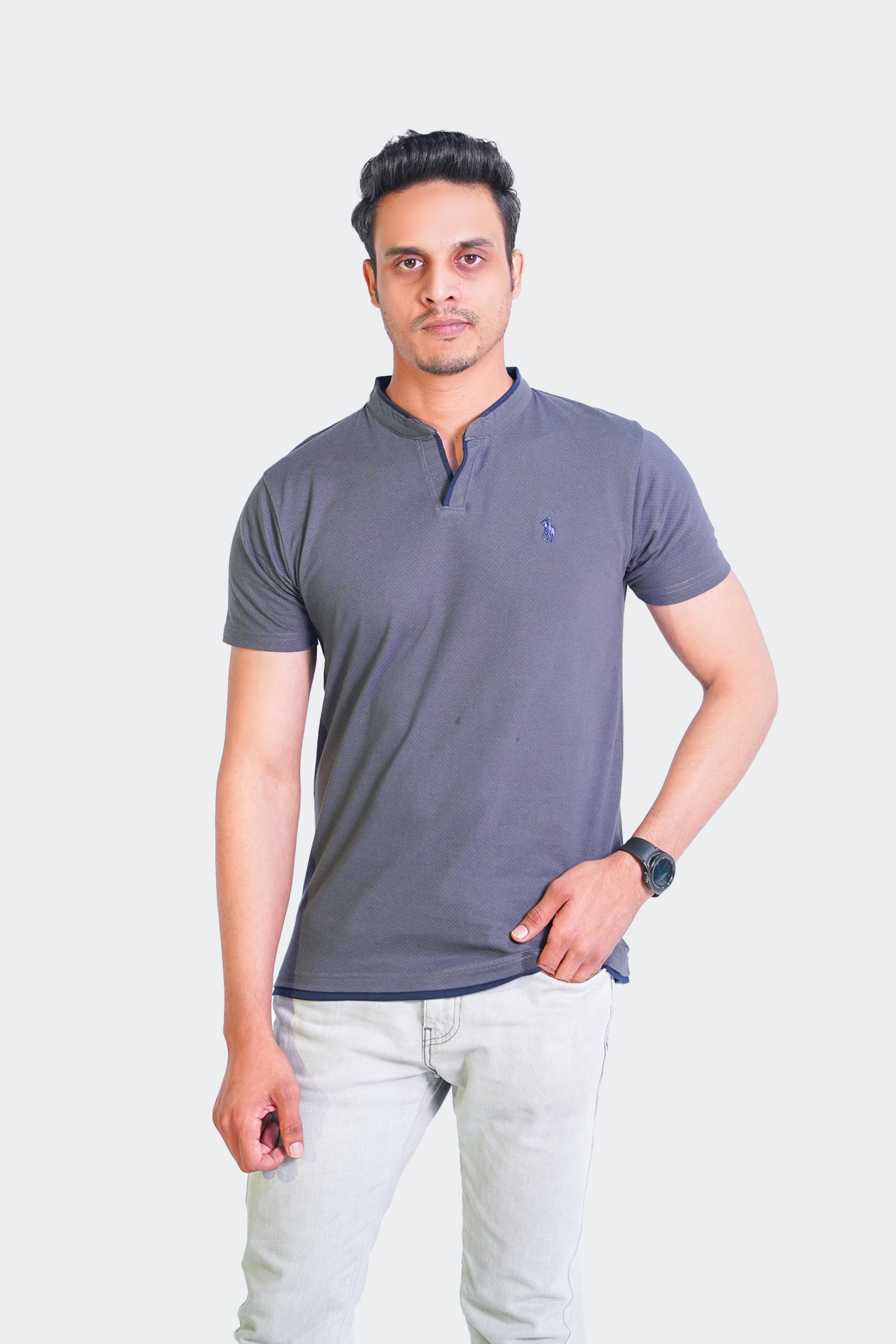 Ban Collar Short Sleeve Polo Shirt-H-Grey
