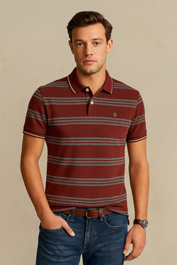 Fiorenheit Men Striped  Polo Shirt- Maroon-Grey