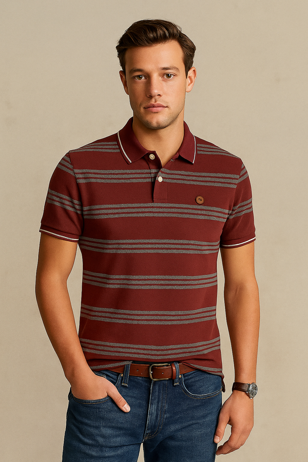 Fiorenheit Men Striped  Polo Shirt- Maroon-Grey