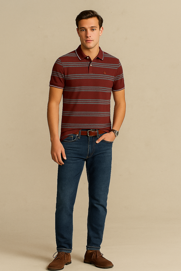 Fiorenheit Men Striped  Polo Shirt- Maroon-Grey
