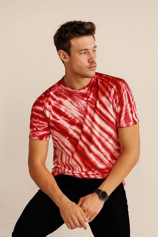 Tie And Dye Short Sleeve Crew Neck T-shirt- Red