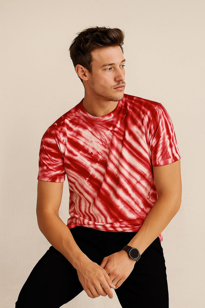 Tie And Dye Short Sleeve Crew Neck T-shirt- Red