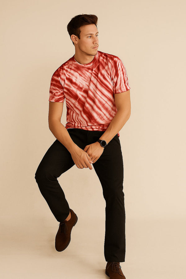 Tie And Dye Short Sleeve Crew Neck T-shirt- Red