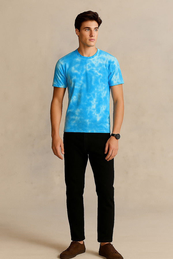 Tie And Dye Short Sleeve Crew Neck T-shirt- Light Blue