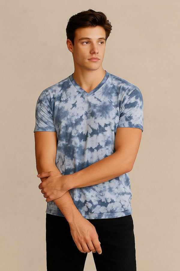 Tie And Dye Short Sleeve Crew Neck T-shirt- Sky Blue