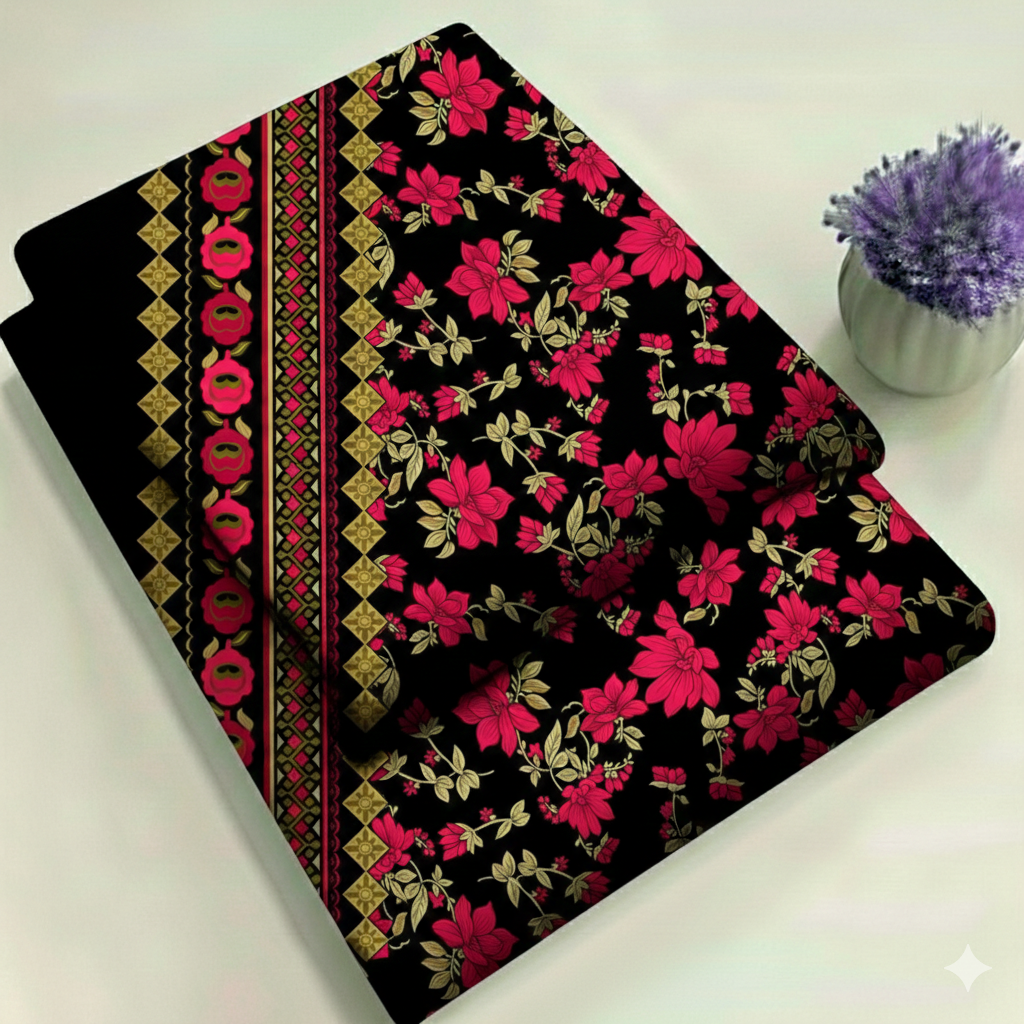 Black & Magenta with Borders Floral Print 2-Piece Unstitched Suit (D-397)