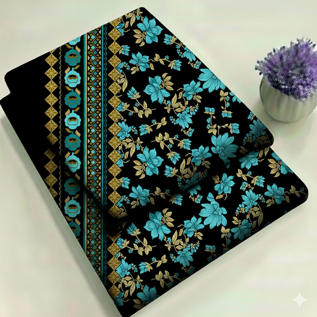 Black & Turquoise with Borders Floral Print 2-Piece Unstitched Suit (D-397)