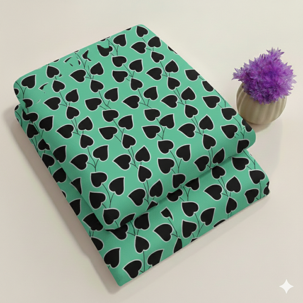 Stylized heart-shaped leaves on Mint Green Floral Print Fabric 2-Piece Unstitched Suit (D-410)