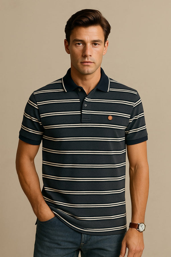 Fiorenheit Men Striped  Polo Shirt- Grey-White