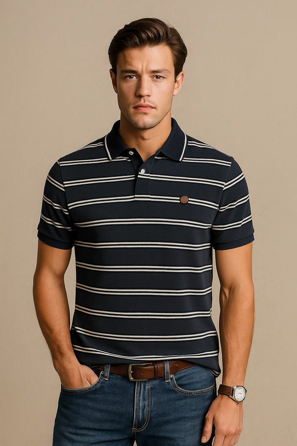 Fiorenheit Men Striped  Polo Shirt- Grey-White