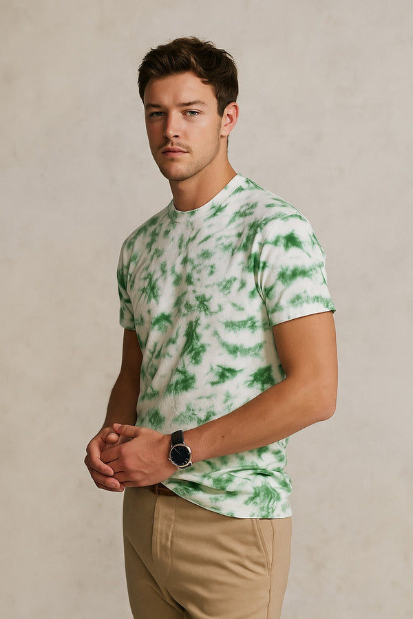 Tie And Dye Short Sleeve Crew Neck T-shirt- Green