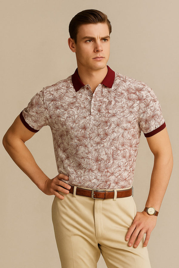 Tropical Printed Polo Shirt-Red