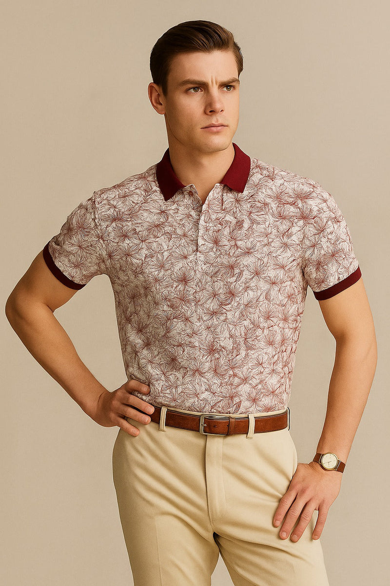 Tropical Printed Polo Shirt-Red