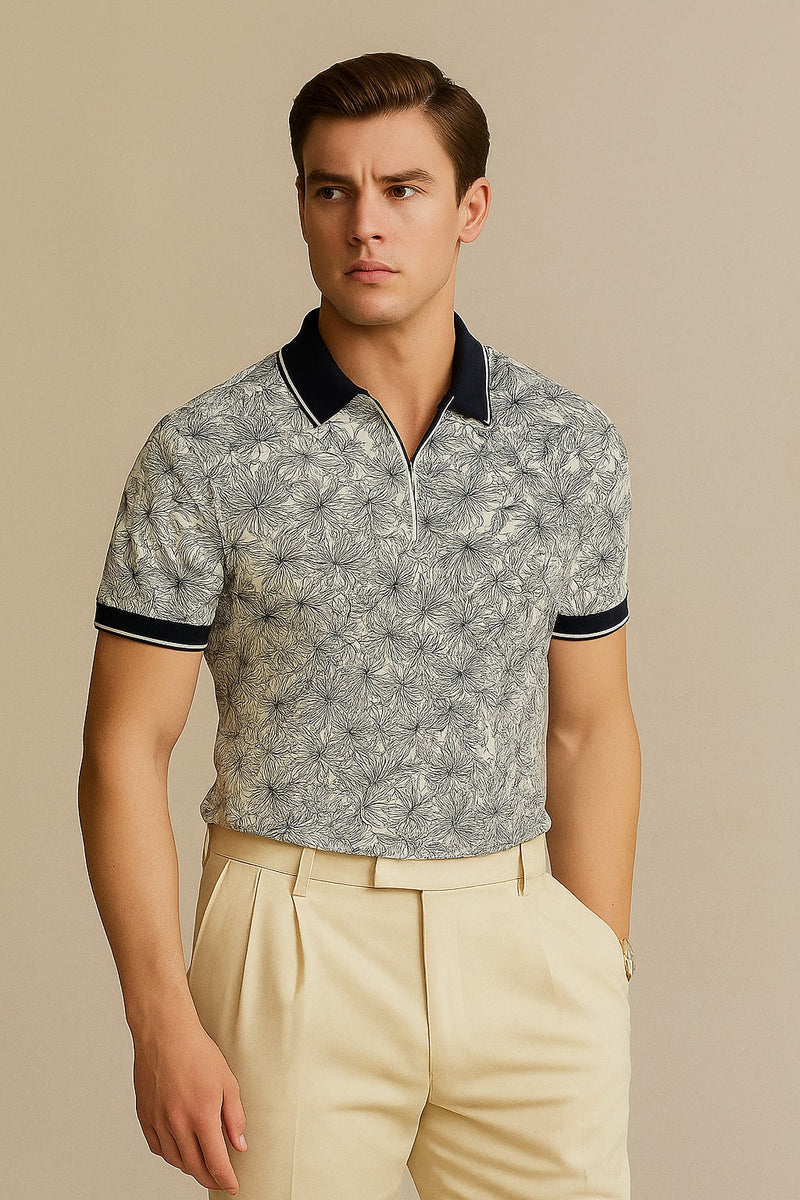 Tropical Printed Polo Shirt-Blue