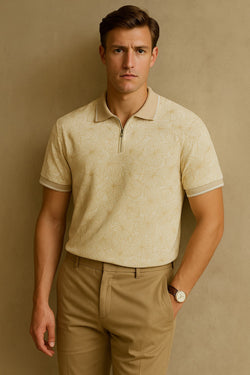 Tropical Printed Polo Shirt-Beige