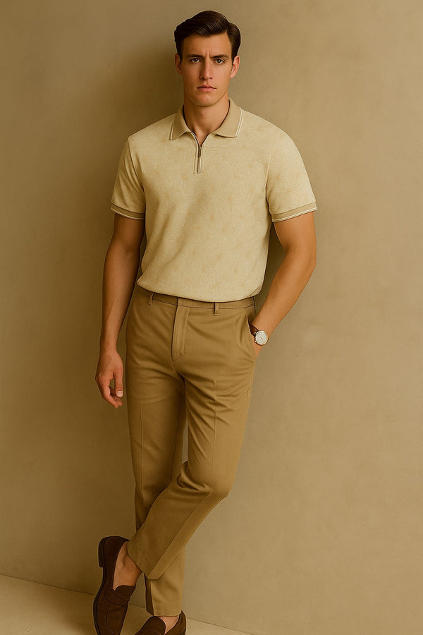 Tropical Printed Polo Shirt-Beige