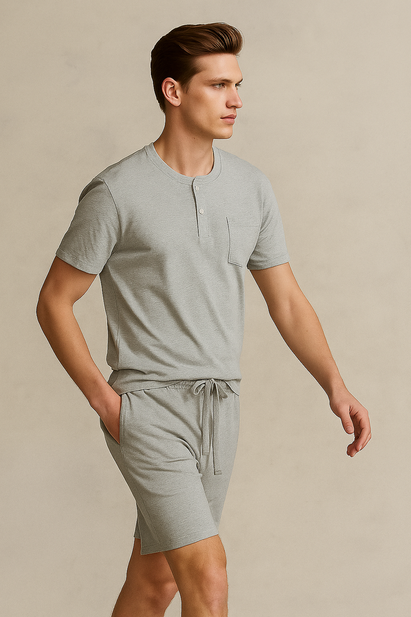 Men'S Short Sleeve Button Up Top With Pocket And Short- Light Grey