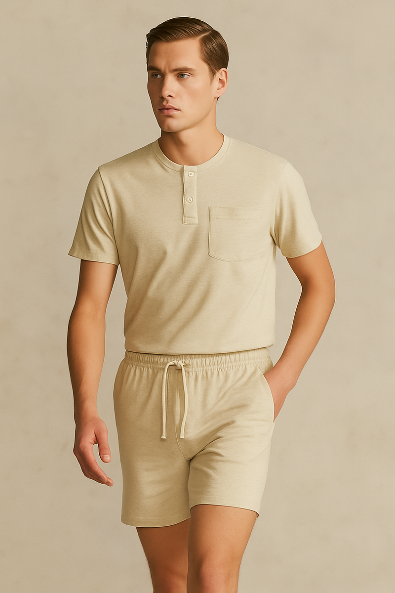 Men'S Short Sleeve Button Up Top With Pocket And Short- Light Beige