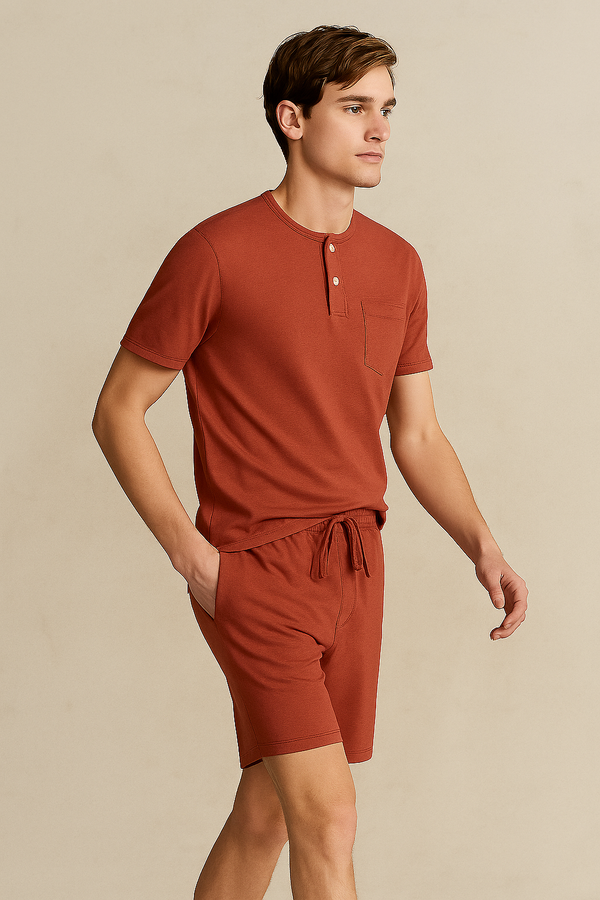 Men'S Short Sleeve Button Up Top With Pocket And Short- Orange
