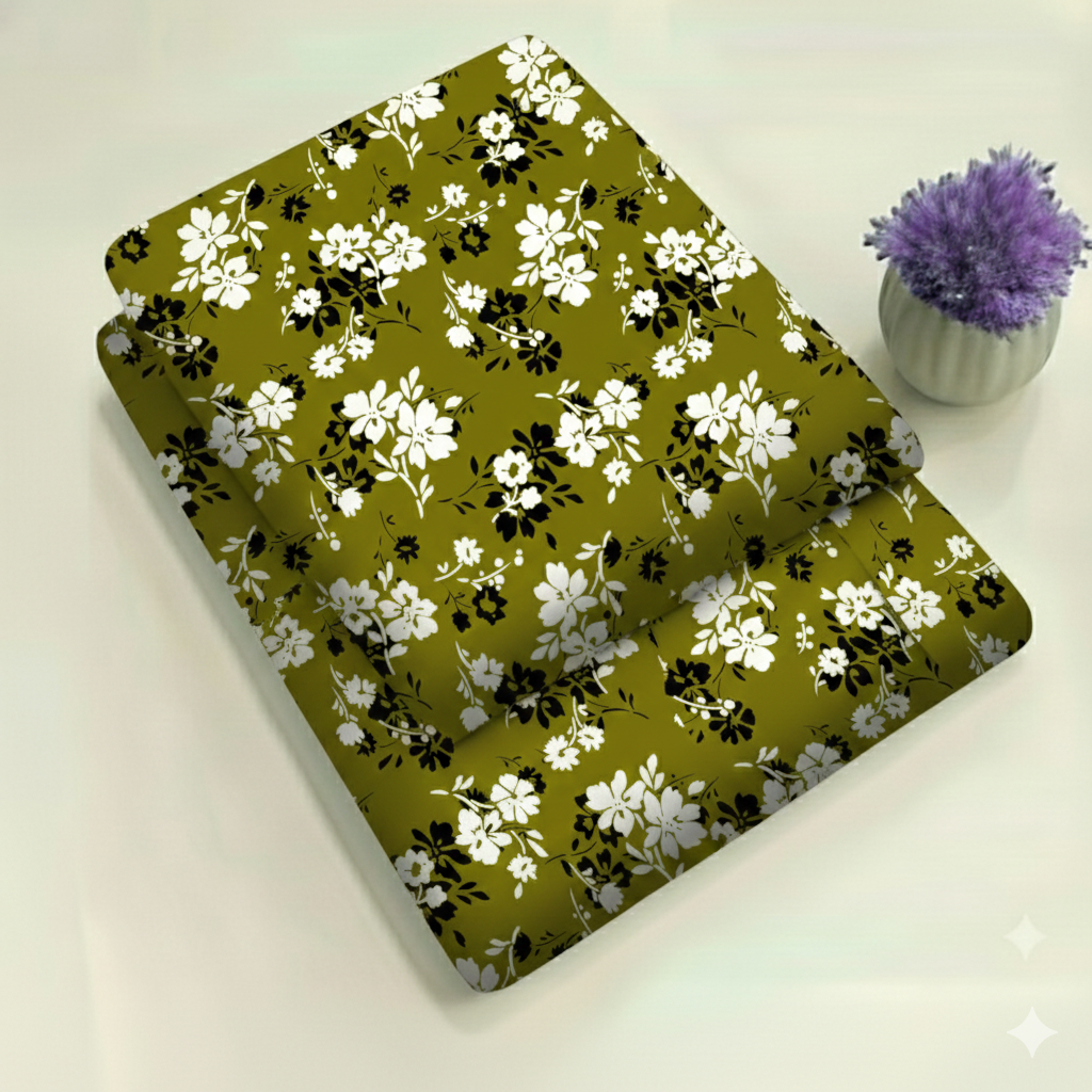 Green Base with Tiny White Bloom Floral Print – 2-Piece Unstitched Suit (D-373)