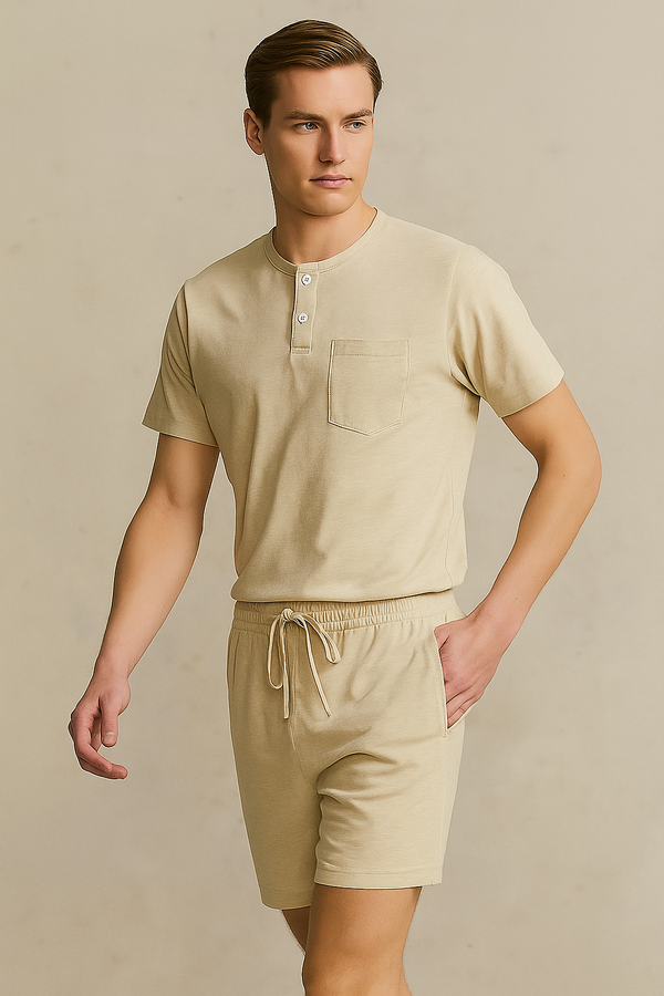 Men'S Short Sleeve Button Up Top With Pocket And Short- Light Beige